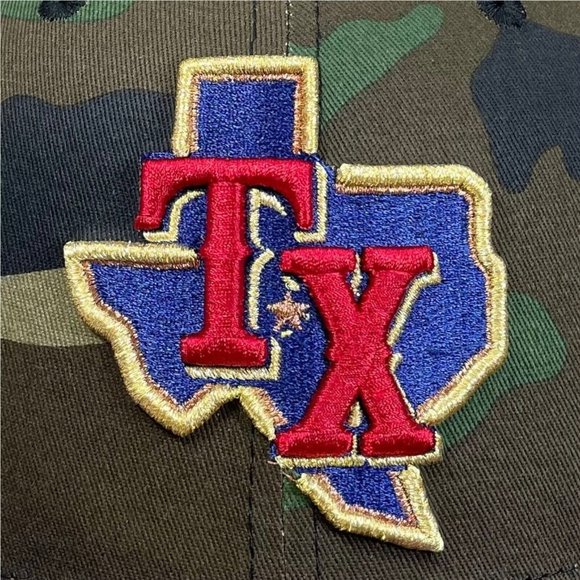 Texas Rangers Fitted Hat Size 7 Camouflage New Era 50 Patch  New Era Texas Rangers Camo 50 Years Patch Woodland Metallic Collection Hat 7 5/8